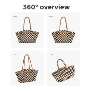 Large checkerboard tote bag shown in front, back, side and top views with brown straps