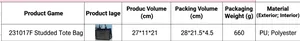 Detailed size chart for black PU leather tote bag with heavy metal rivet decorations