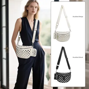 Sac Bandoulière Femme en Cuir PU à Rivets Vintage Sac de Poitrine Damier Avec Petite Pochette Bandoulière Large Réglable Sac Banane Mode