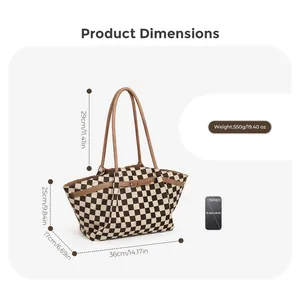 Large checkerboard tote bag with dimensions shown and iPhone 15 Pro for size reference