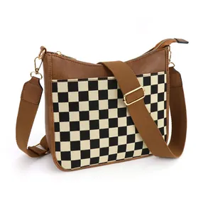 Vintage Schachbrettmuster Umhängetasche Für Damen Retro PU Leder Schultertasche Große Kapazität Multi Pocket Casual Daily Purse