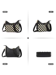 Detailed views of checkerboard crescent bag showing front, side, back and bottom angles
