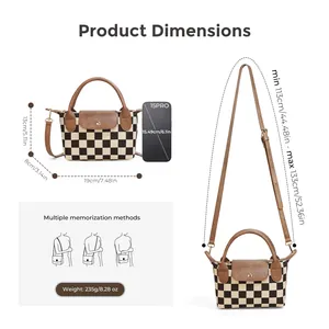 Sac bandoulière à motif damier avec anses en cuir et guide des tailles 19x13x8cm