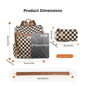 Checkerboard pattern backpack set with dimensions and large capacity features