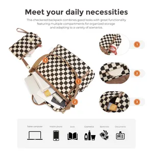 Black and white checkered backpack set with multi-layer storage for laptops and books
