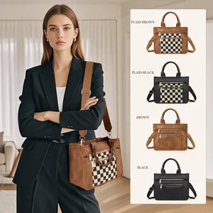 Versatile PU leather tote bag in plaid and solid colors with adjustable wide shoulder strap