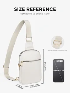 Size guide for checkerboard chest bag showing dimensions 24x16.5x4cm and adjustable strap