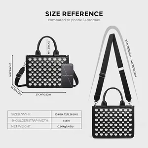 Black PU crossbody bag with white stud detail and detailed size dimensions chart