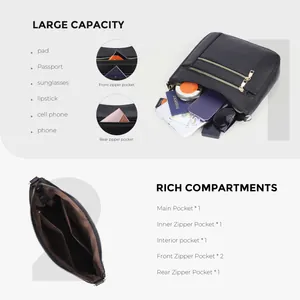 Dettaglio della borsa a tracolla con tasche zip multiple e layout interno capiente