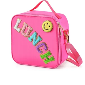 Waterproof nylon lunch bag with chenille LUNCH letters and adjustable shoulder strap