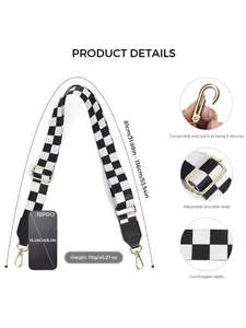 Adjustable black and white checkered replacement strap with gold metal hooks and buckles