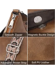Detail of soft brown PU leather, smooth zipper, and vintage embroidered woven strap