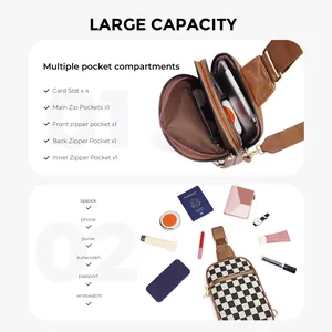 Sac de poitrine à damier avec plusieurs poches zippées pour voyage et sport