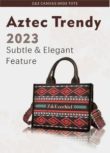 Detail of bohemian Aztec canvas tote bag featuring premium leather handles and wide strap