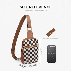 Checkerboard crossbody chest bag size guide with dimensions 24x16.5x4cm and adjustable strap