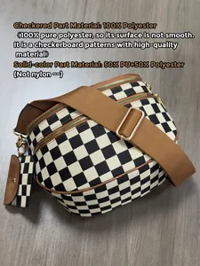Detailed view of checkered crossbody shell bag with wide fabric strap and small coin purse