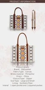 Detailansicht der Ethno-Canvas-Tasche mit braunem PU-Griff und breitem Schultergurt