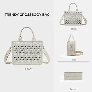 Front, back, side and bottom views of beige crossbody bag with silver rivet studs