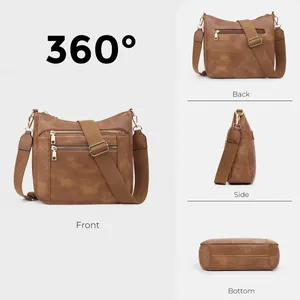 Vista dettagliata a 360 gradi della borsa marrone con tasche multiple e finiture dorate