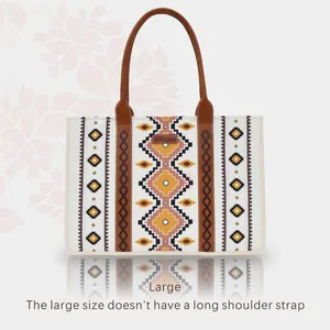 Große Segeltuch-Tragetasche im Boho-Stil mit geometrischem Ethno-Muster und Ledergriffen
