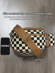Detailed size chart for checkered suede crossbody shell bag with adjustable strap