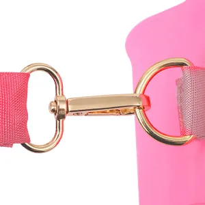 Detail of pink nylon strap with gold metal lobster clasp and D-rings for lunch bags