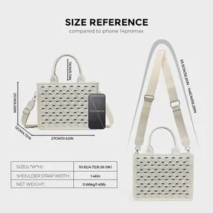 Detailed size chart for rivet tote bag showing dimensions relative to a phone