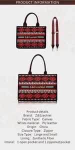 Detail view of Bohemian tote bag with geometric patterns and ethnic woven strap