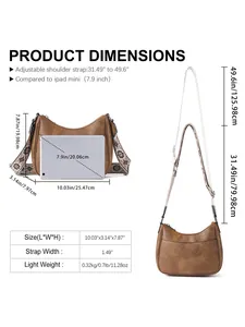Detailed size chart of vintage shoulder bag showing 10.03 inch width and iPad mini comparison