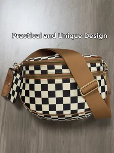 Detailed top view of checkered canvas crossbody bag with dual zippers and wide strap