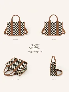 Multi-angle view of checkerboard tote bag showing front, back, side and bottom details