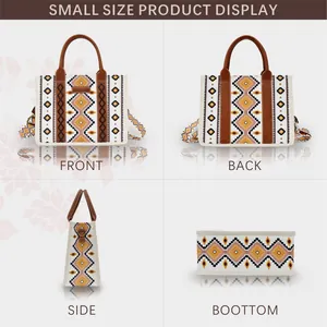 Boho-Canvas-Tragetasche mit geometrischem Muster und Ledergriffen in der Vier-Wege-Ansicht