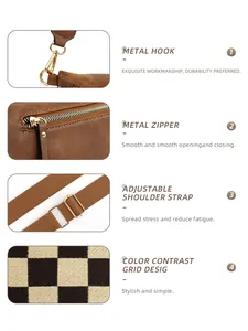 Détails des crochets métalliques, du zip et du motif à carreaux sur le sac de poitrine