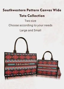 Detail of Southwestern pattern canvas tote bags in large and small sizes with leather handles
