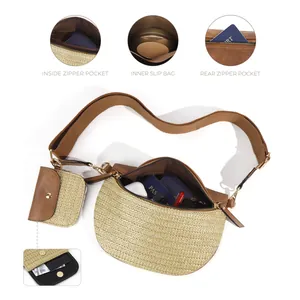 Sac de poitrine classique en paille pour femme avec poches zippées et bandoulière marron