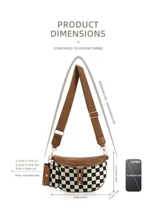 Détail du sac bandoulière à damier avec dimensions et petit porte-monnaie amovible