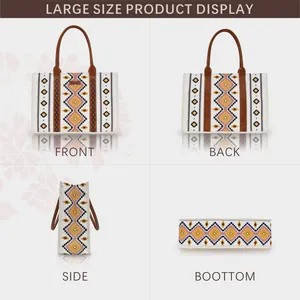 Detaillierte Vierfachansicht der Boho-Canvas-Tragetasche mit Grafikprint und Ledergriffen