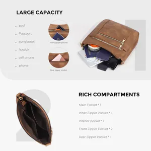Borsa a tracolla marrone in pelle sintetica con tasche multiple e grande capienza