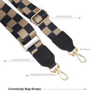 Adjustable checkerboard crossbody bag strap with gold metal buckles and black PU leather