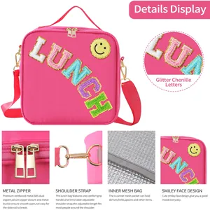 Waterproof nylon insulated lunch bag with chenille letters and adjustable strap