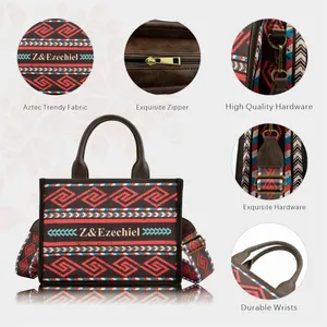 Bohemian Aztec print tote bag with brown leather handles and adjustable shoulder strap