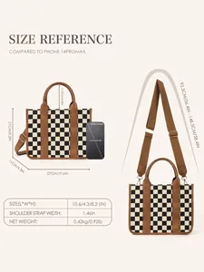 Size guide for checkerboard tote bag showing dimensions compared to iPhone 14 Pro Max