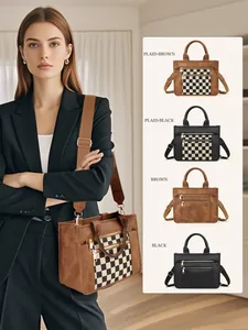 Multiple styles of PU leather handbags featuring plaid patterns and detachable wide straps