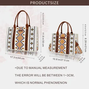 Bohemian canvas tote bags in two sizes with vintage pattern and leather handles