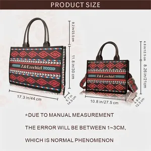 Bohemian tote bag size guide showing dimensions for large and small patterned handbags