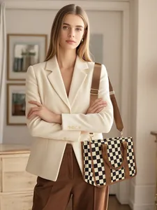 Detail of checkered woven tote bag with brown leather trim and wide adjustable strap