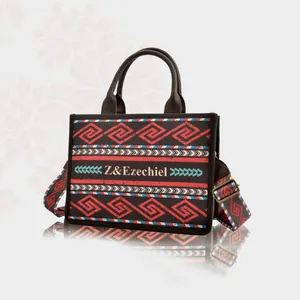 Bohemian geometric pattern tote bag in black with brown leather handles and wide strap