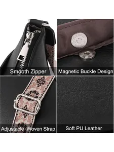 Detail view of smooth zipper, magnetic buckle, and floral woven strap on leather bag