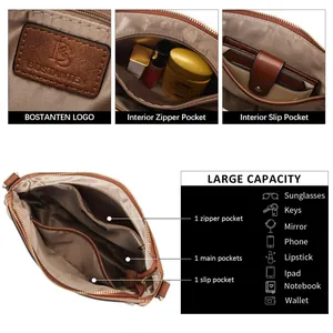 Internal compartments of a brown leather crossbody bag showing large storage capacity