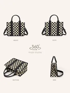 Multi-angle views of checkerboard tote bag showing front, back, bottom and side profile